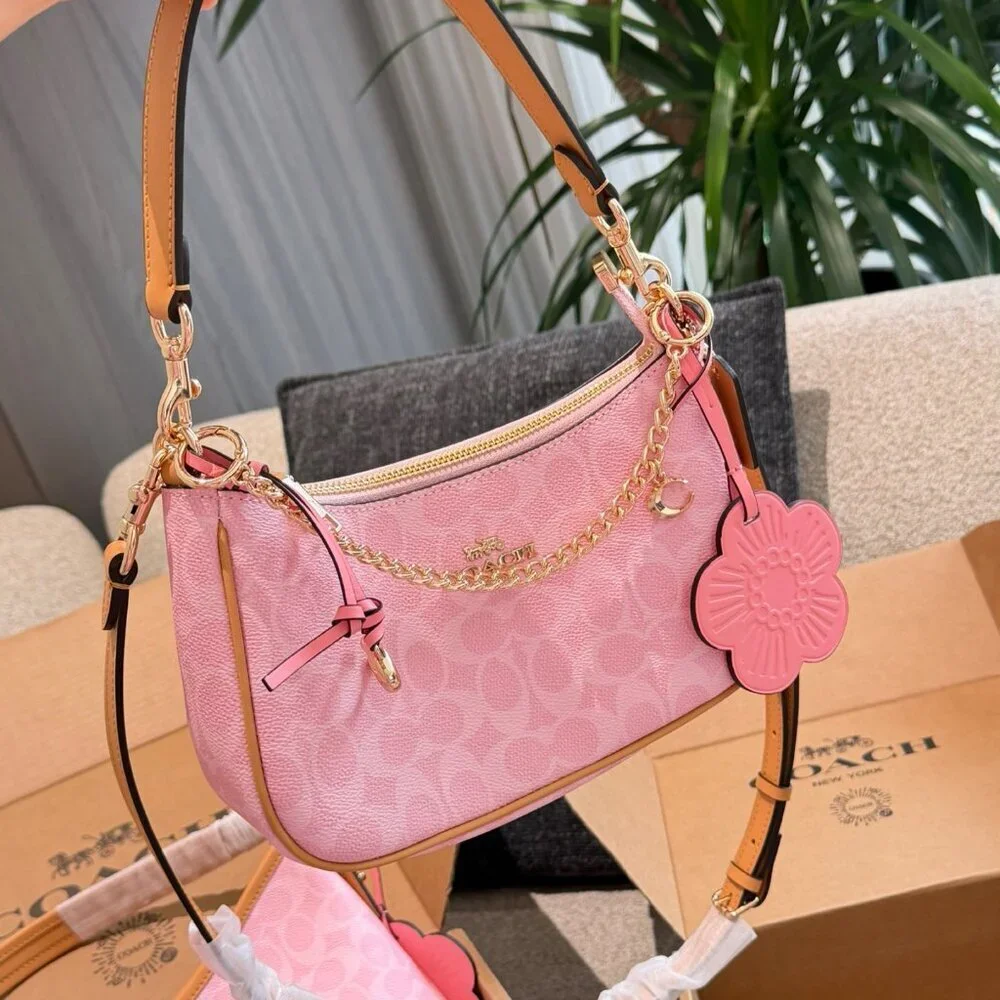 Coach Teri Shoulder Bag Signature Canvas With Charms Gold/Powder Pink CEA20 NWT